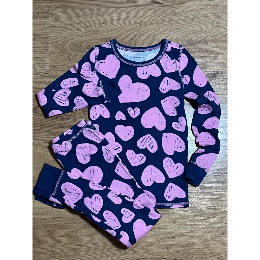 Nordstrom Girls Pajamas Size 7 Navy Pink Heart Print Cotton Sleepwear Set PJs